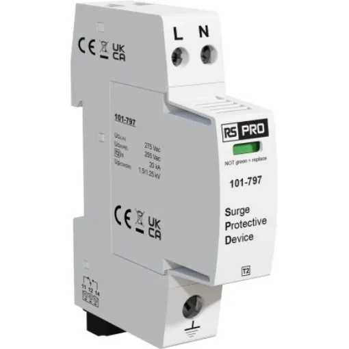 RS PRO Single Phase Industrial Surge Protector, 40kA, 1.25kV, DIN Rail Mount - 101797 product image